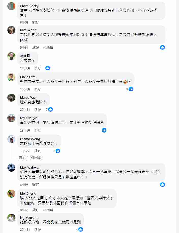 潘焯鴻Facebook上翁靜晶艷照留言